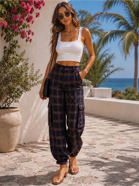 Zara Navy Plaid Wide-Leg Cargo Pants